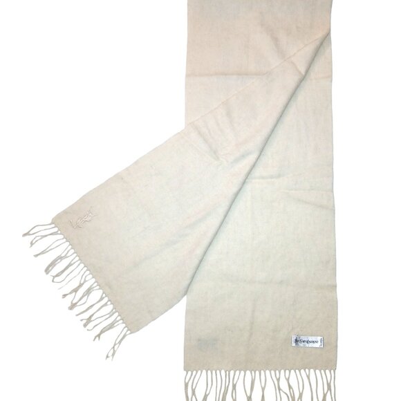 Yves Saint Laurent YSL Cream Ivory Embroidered Wool Fringed Scarf Pre-Owned - Picture 2 of 7